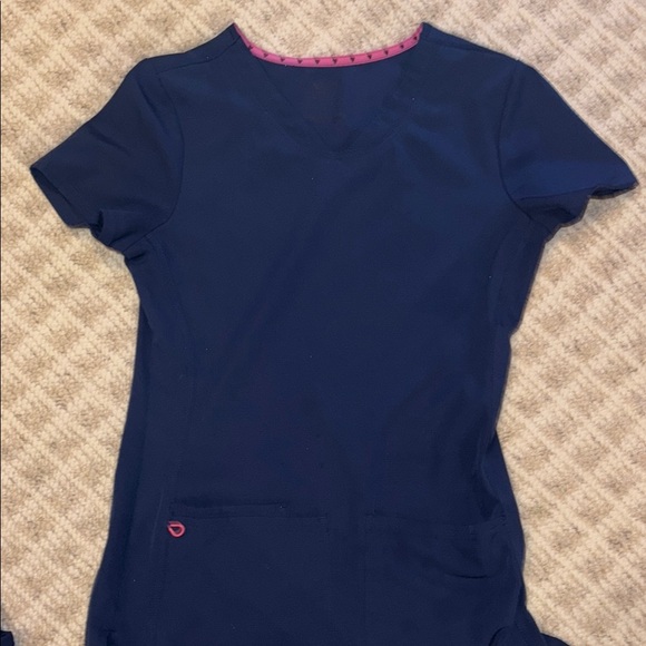 Women's extra small HeartSoul Dark Blue Scrub Set with Pink Accents - Picture 3 of 7